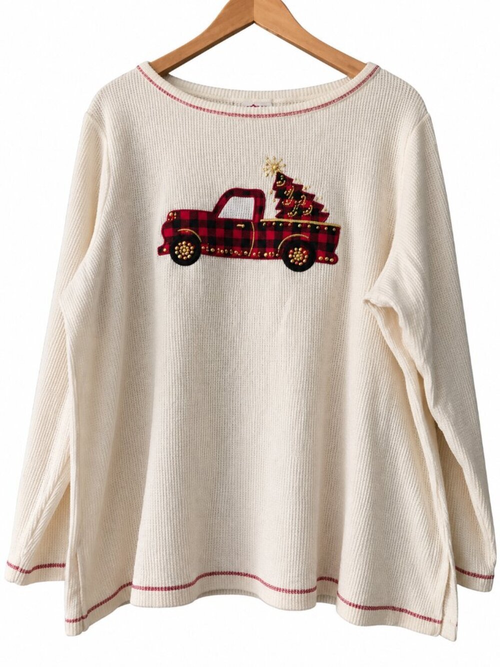 Quacker Factory White Red Plaid Truck Christmas Tree Rhinestone Waffle Top 1X